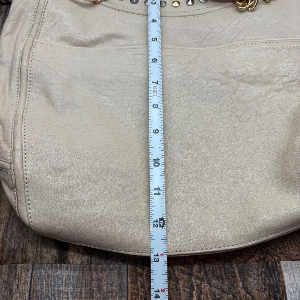 Tre Vero Cream Leather Studded Hobo Bag Mixed Metal Chain Strap Shoulder Bag